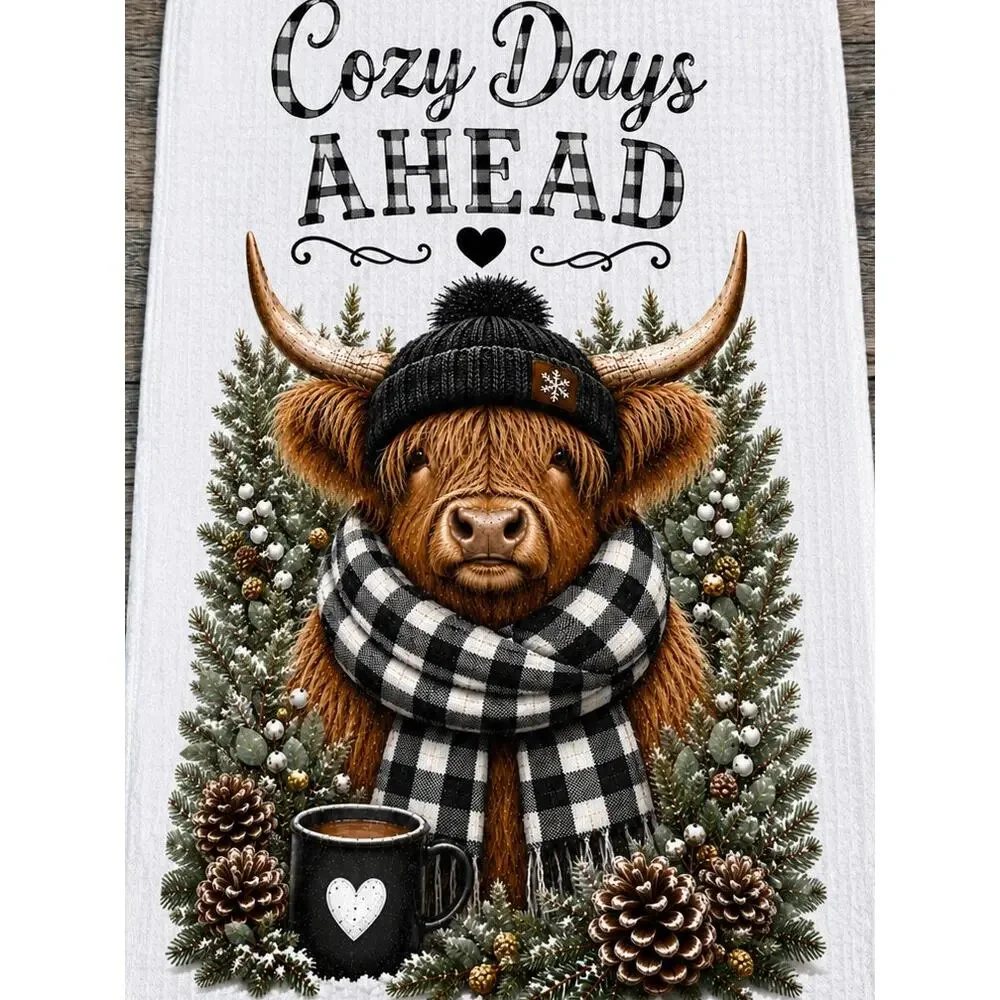 Highland Cow Cozy Days Ahead Winter Kitchen Towel Farmhouse Decor